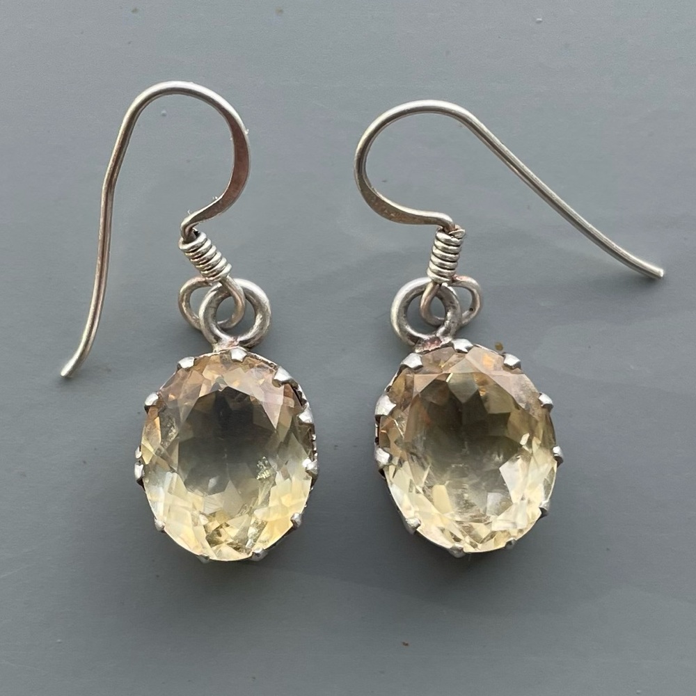 Yellow Faceted Oval 925 Silver Dangle Drop Earrings